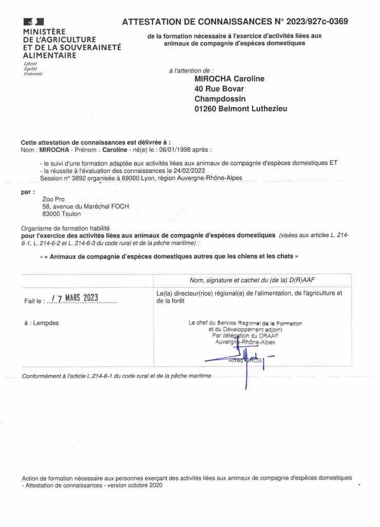 Attestation de connaissance pour l'exercice des activités liées aux animaux de compagnie d'espèces domestiques (ACACED)
Pour les animaux de compagnie d'espèces domestiques autres que les chiens et les chats
Obtention le 24 Février 2023